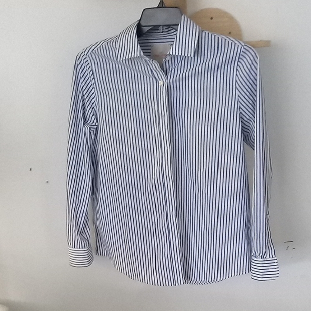 Woman Long-Sleeve Navy and White Stripe Dress Shirt
